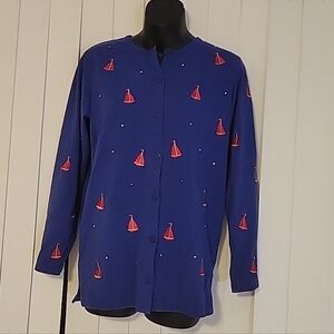 Quacker Factory Sailboat Cardigan Shirt Rhinestone Embroidered Button Small